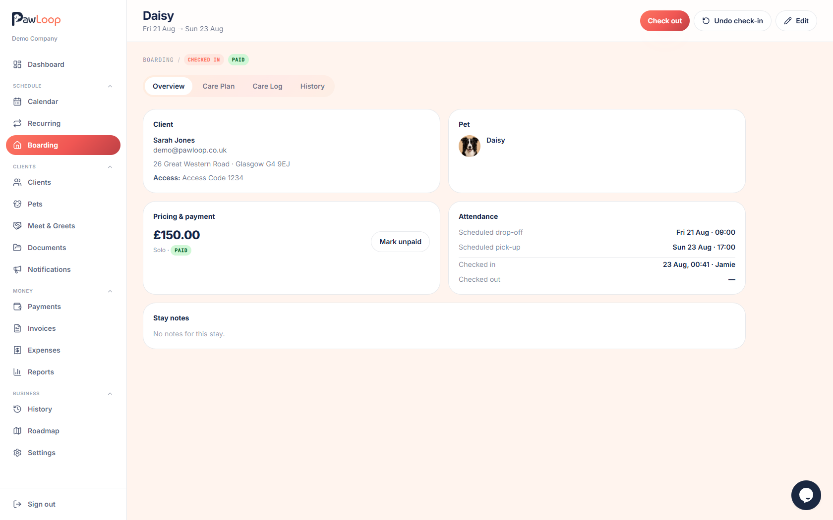 A boarding stay in PawLoop showing the care plan, care log and history tabs