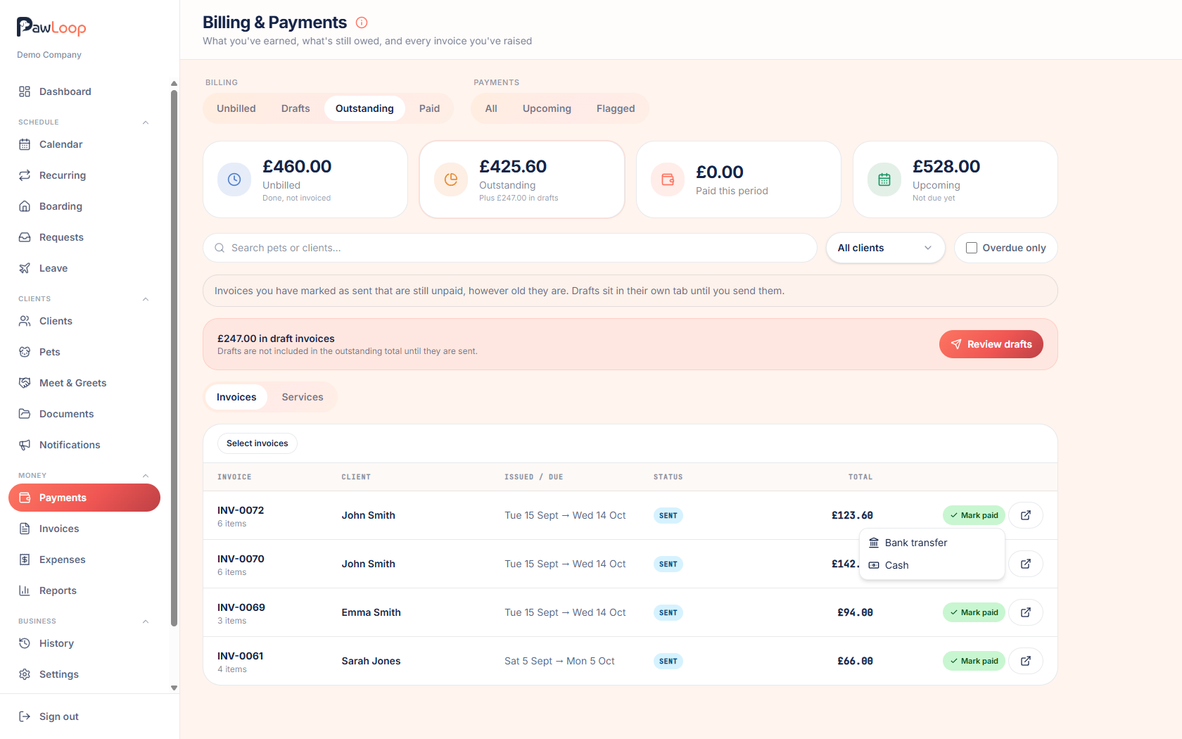Choosing bank transfer or cash from the Mark paid button on an invoice row