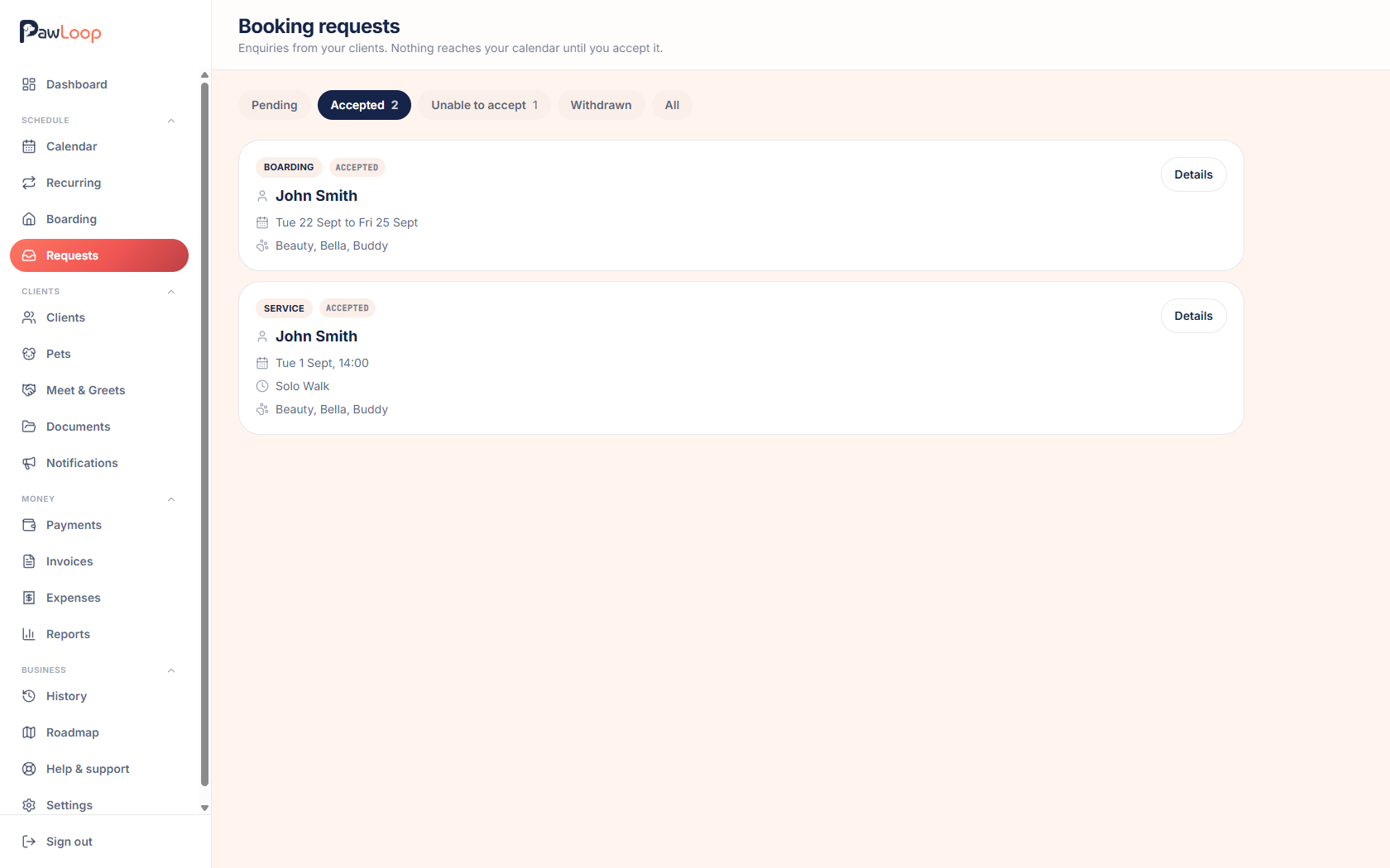PawLoop booking requests inbox with pending, accepted, unable to accept and withdrawn tabs, and request cards showing the client, dates, service and pets