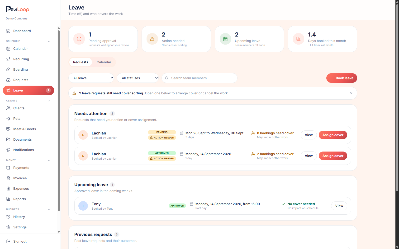 The PawLoop leave management page showing approval, cover and upcoming leave summaries