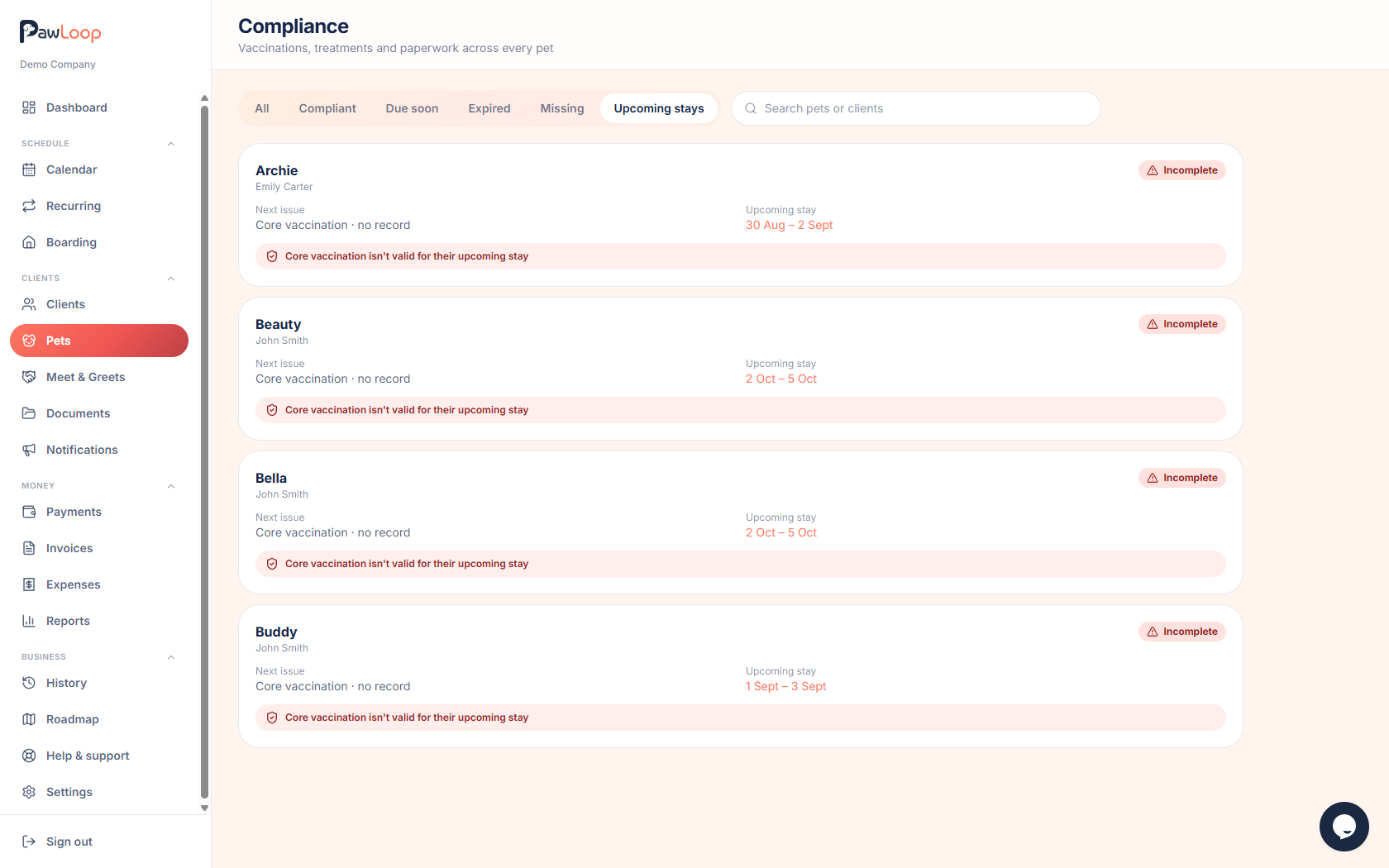 PawLoop compliance overview listing every pet with status filters and upcoming stay warnings