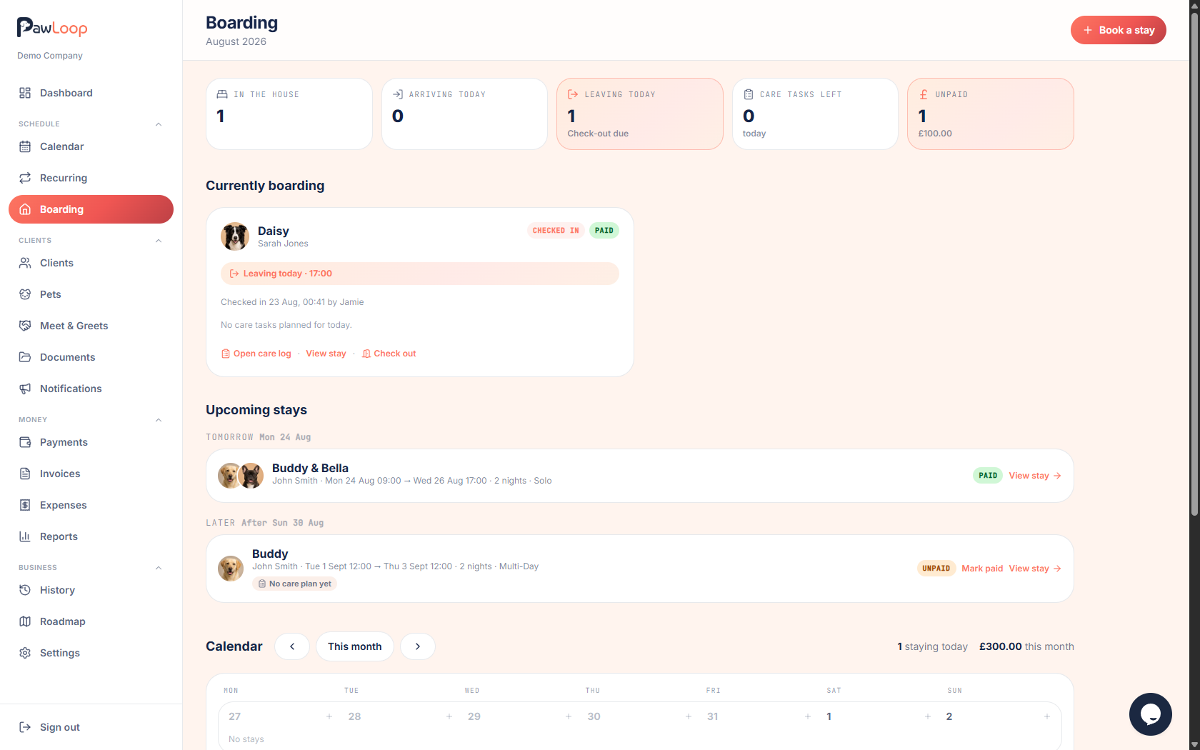 The PawLoop boarding overview showing current stays, arrivals and departures