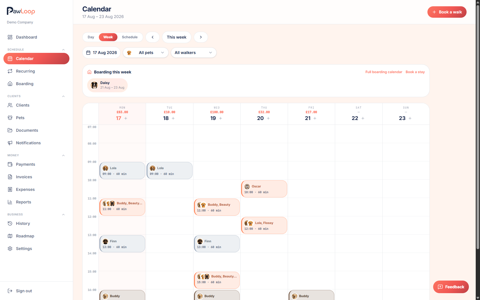 PawLoop week calendar showing scheduled dog walks with pets and assigned walkers