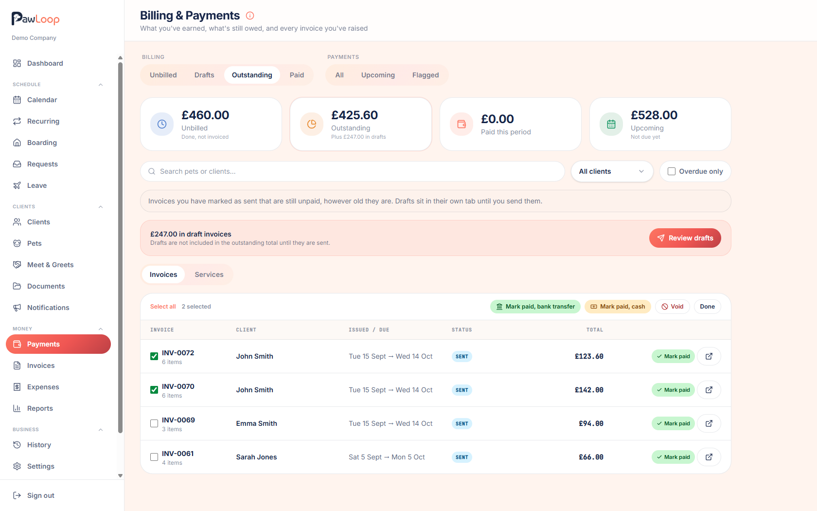 Selecting several outstanding invoices and marking them paid by bank transfer or cash