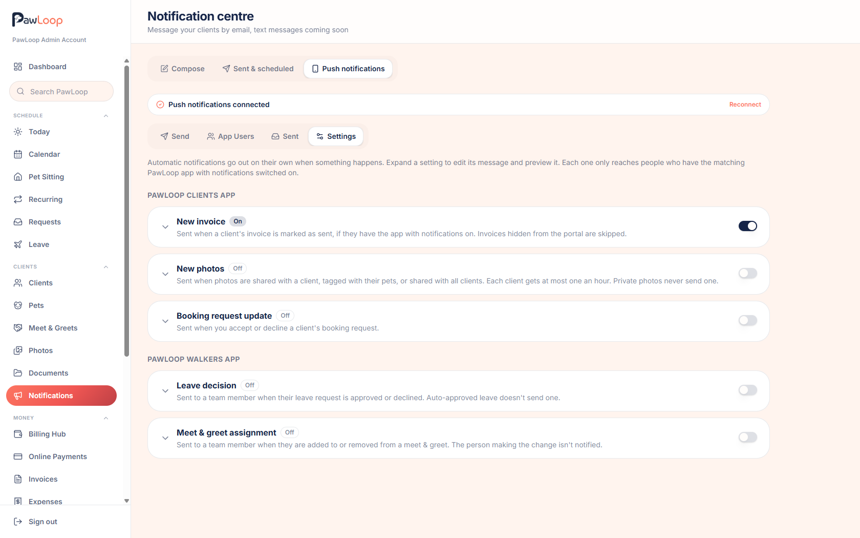 Switches for automatic push notifications in PawLoop
