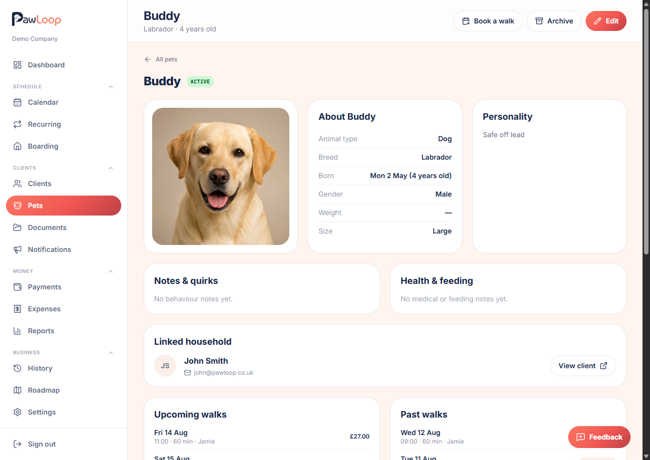 Pet profile in PawLoop showing a dog's photo, details, notes, feeding info and walk history