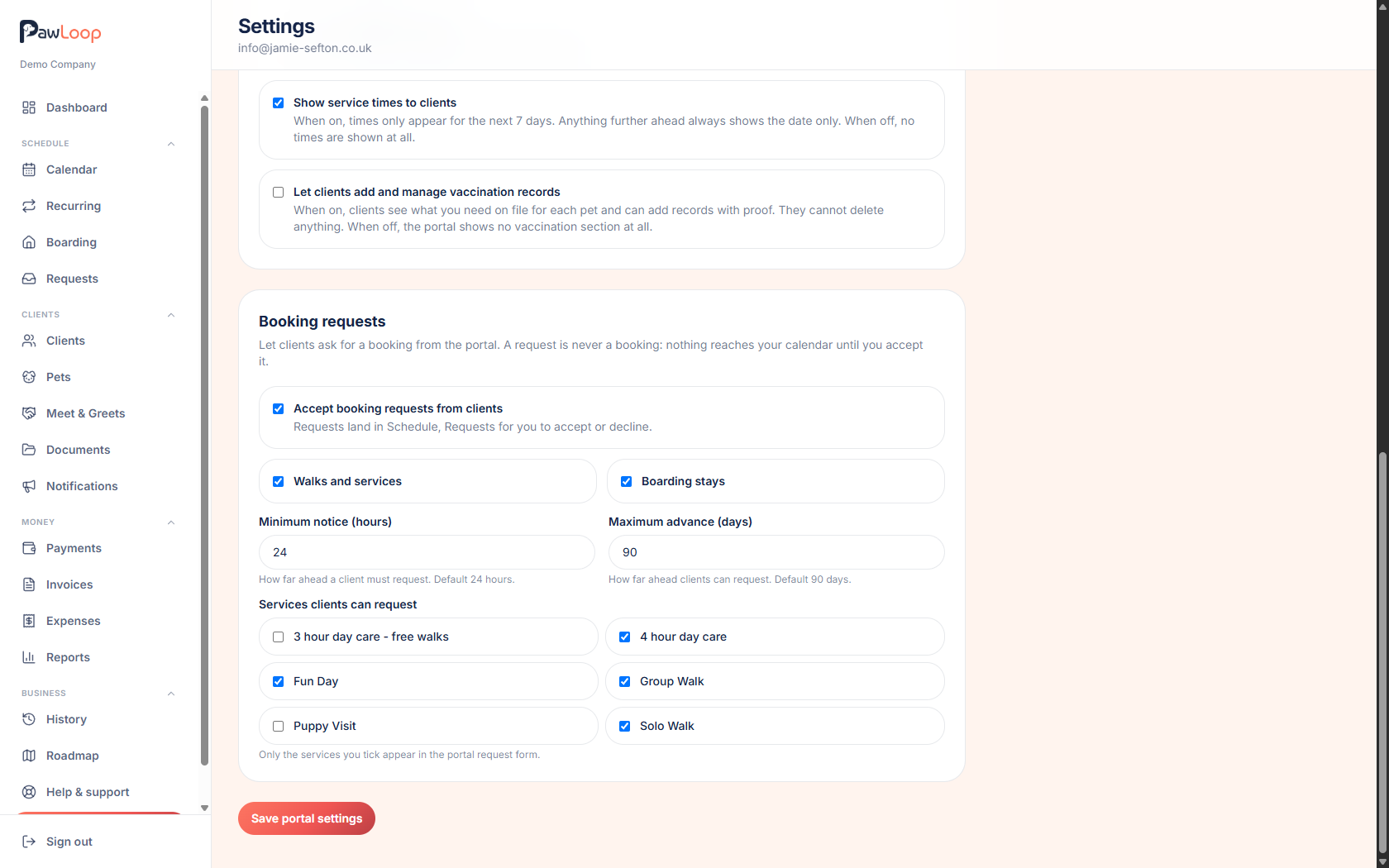 PawLoop portal settings showing the booking requests toggle, walks and boarding options, minimum notice, maximum advance and tick boxes for each service clients can request