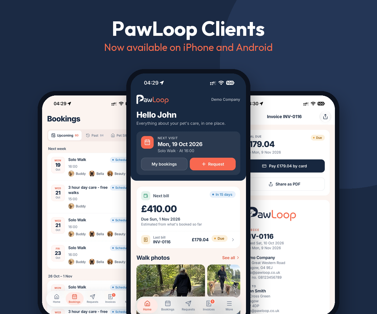 PawLoop Clients app screens, now on iPhone and Android