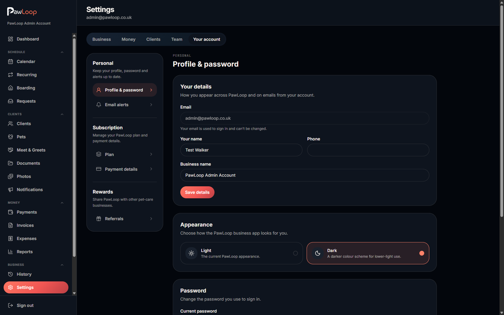 PawLoop settings showing the Profile and password page with the Appearance section offering Light and Dark choices