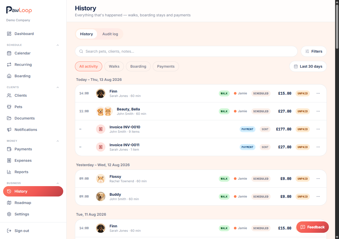PawLoop history page showing a chronological feed of walks, boarding stays and payments