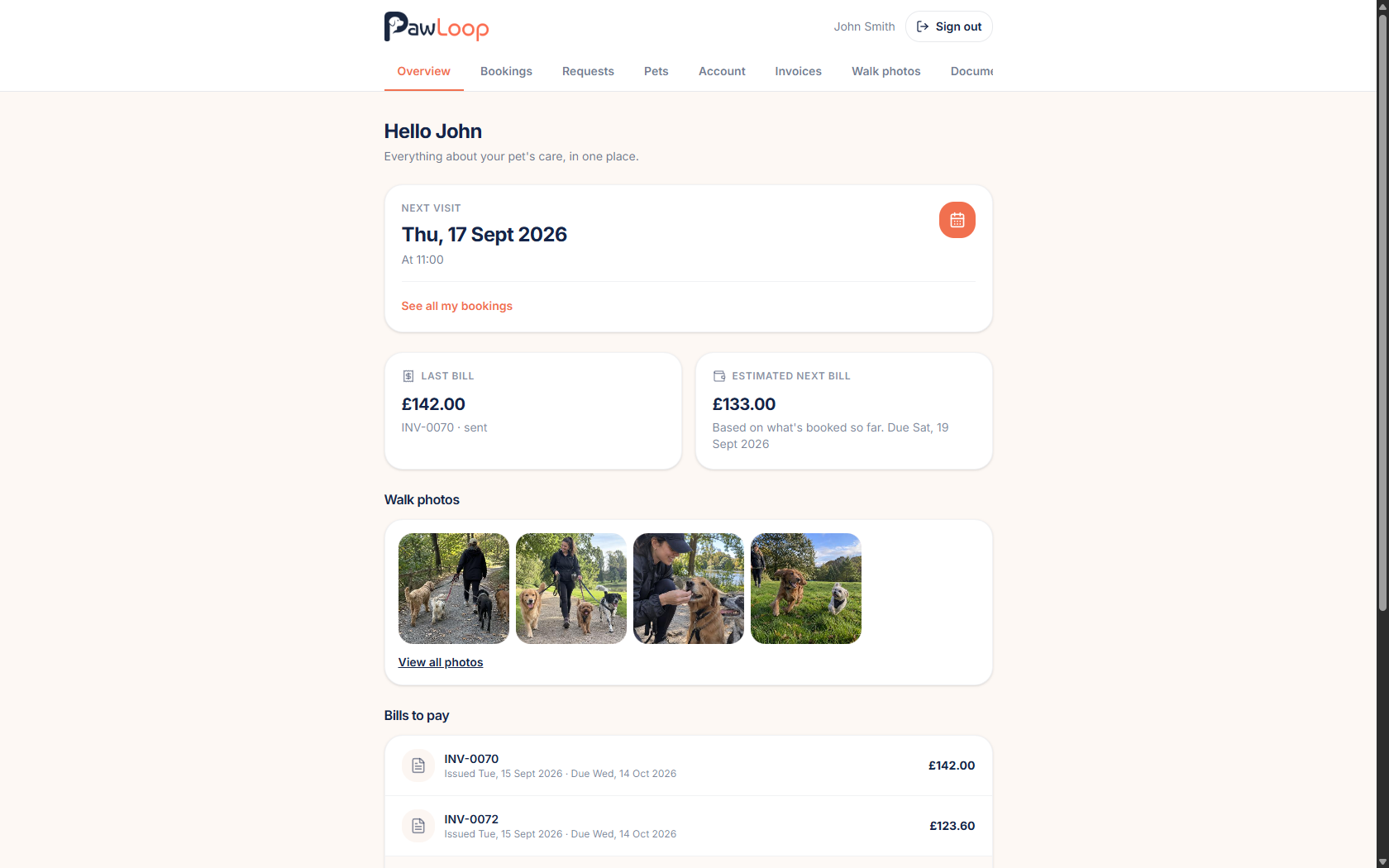 A client portal overview showing recently shared walk photos alongside upcoming bookings and bills