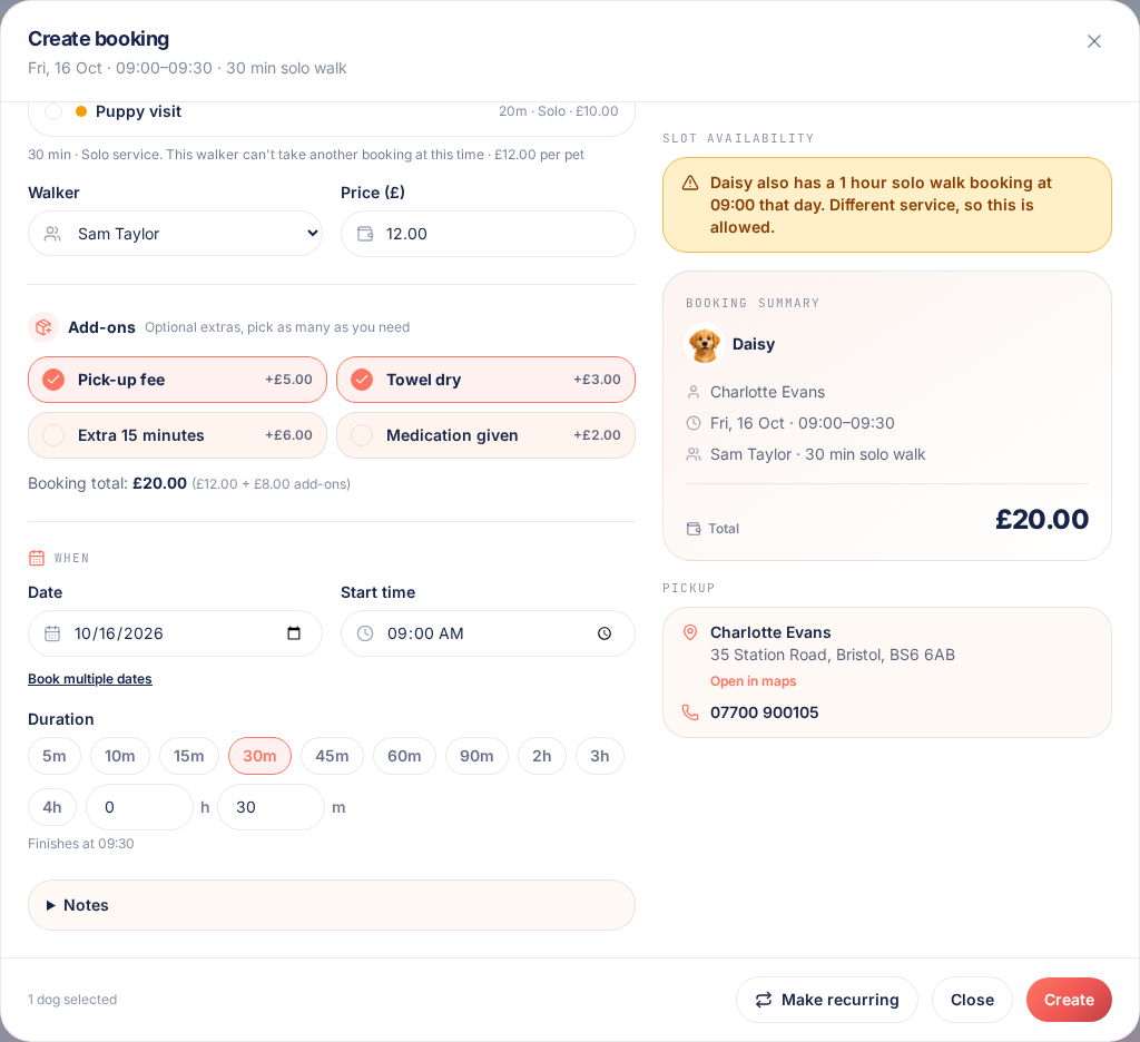 Creating a booking with Pick-up fee and Towel dry selected and the total updated