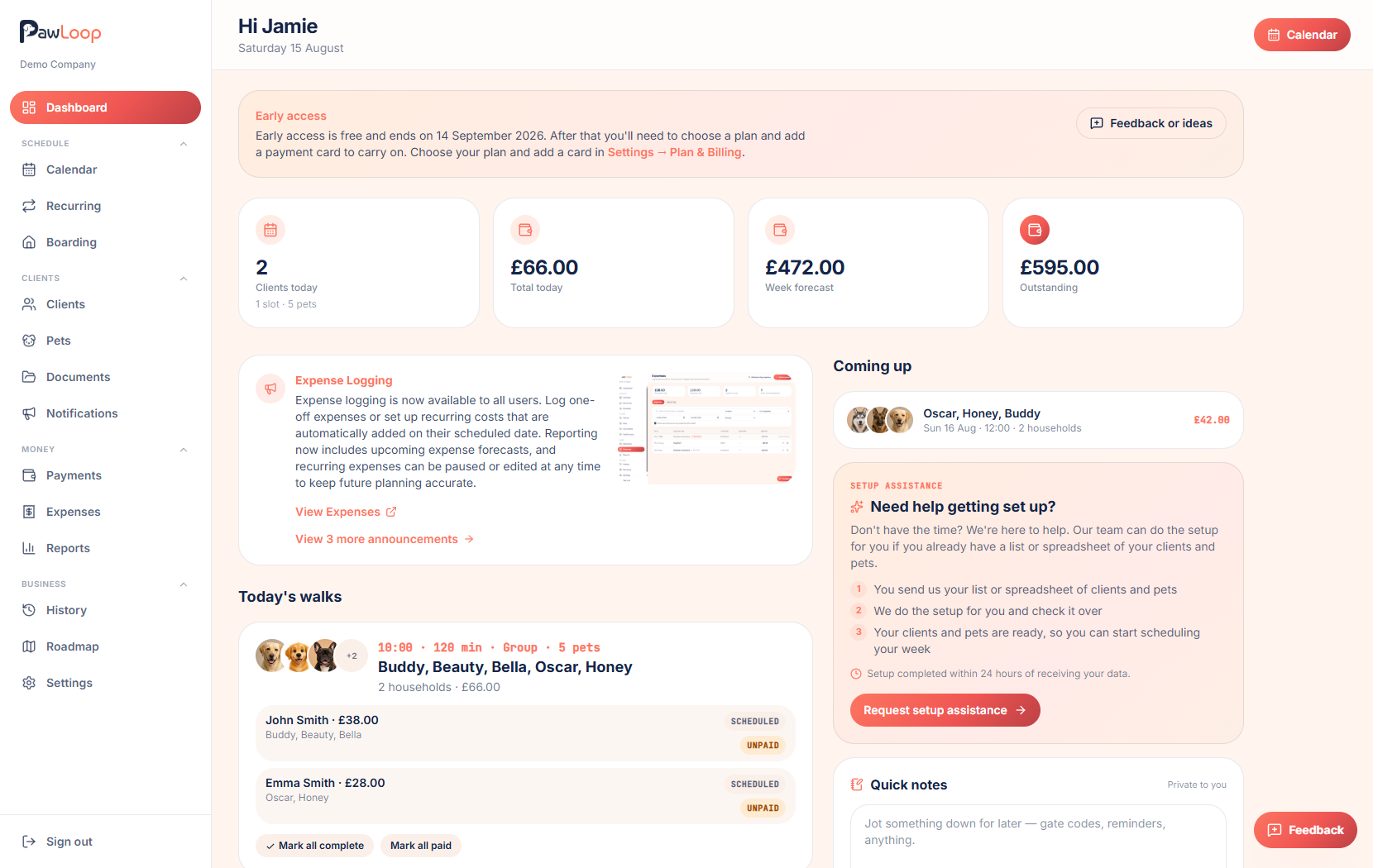 PawLoop dashboard showing today's dog walks on mobile