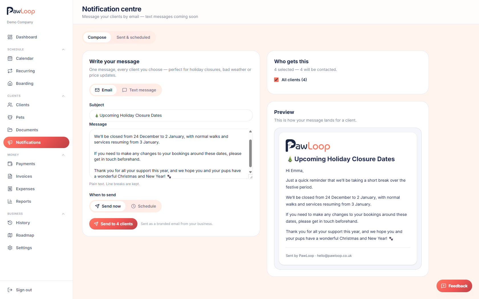 PawLoop notification centre composing a branded client email