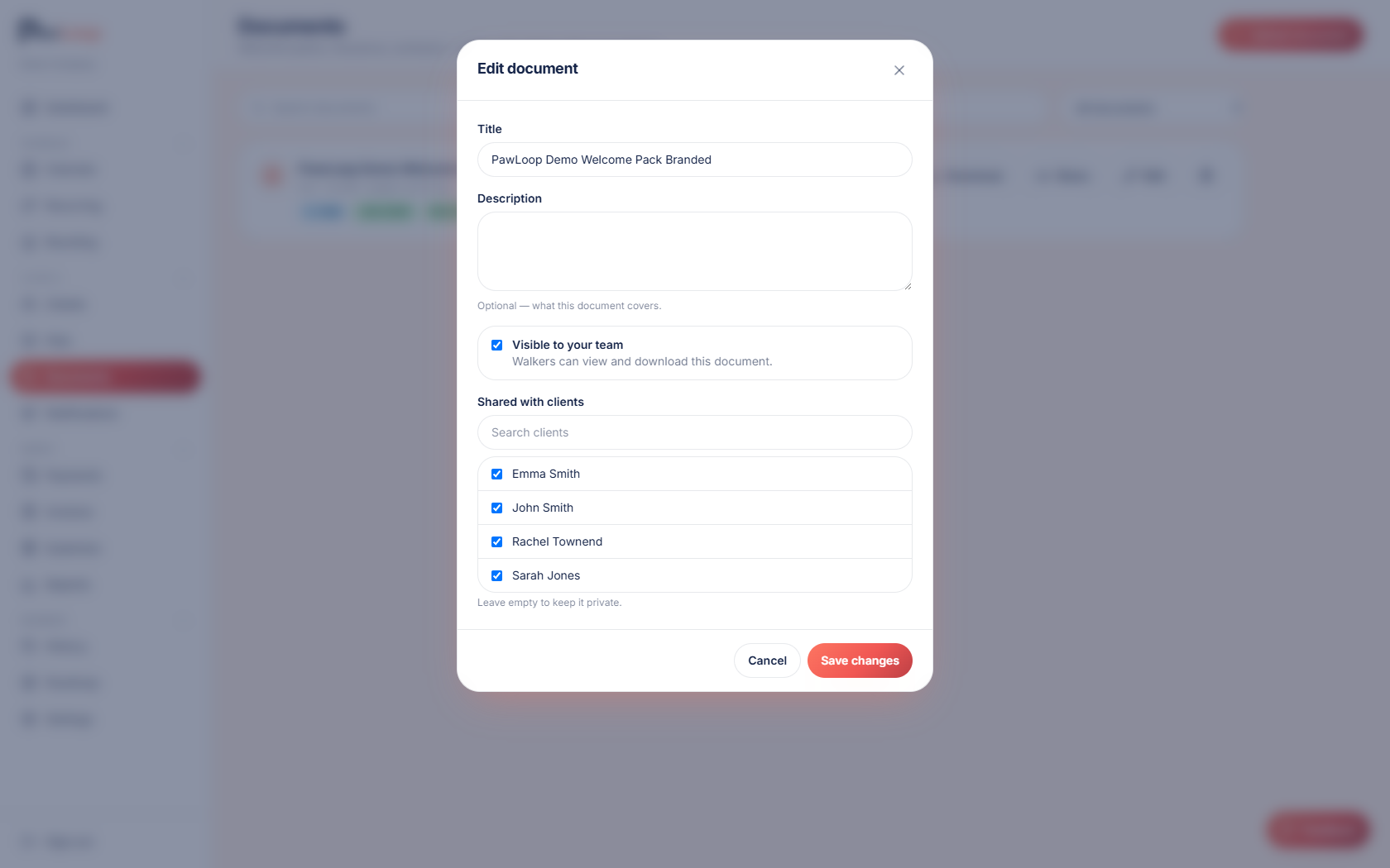 Documents page listing uploaded files in PawLoop