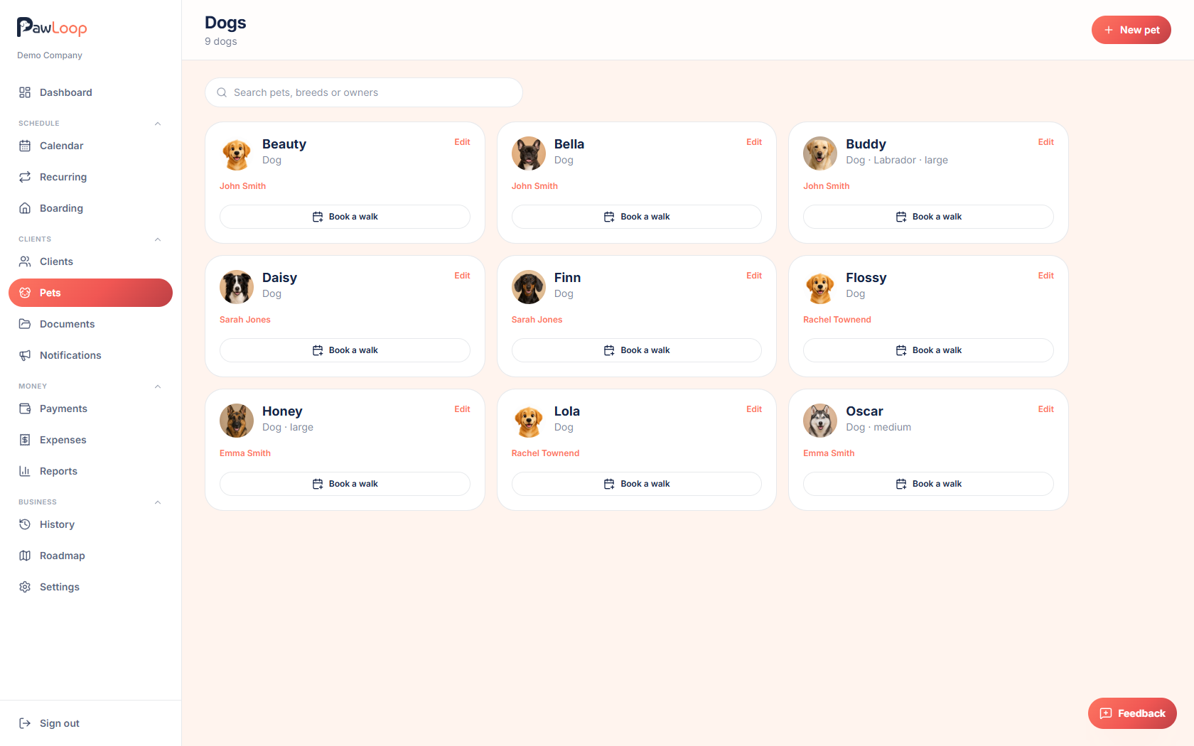 A PawLoop pet profile showing breed, owner and care notes.