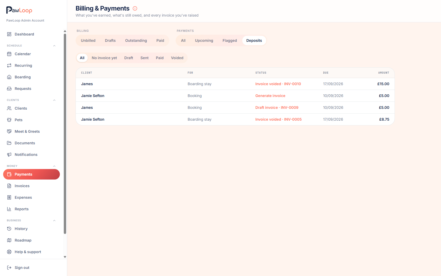 The Deposits tab on the PawLoop Payments page with status filters