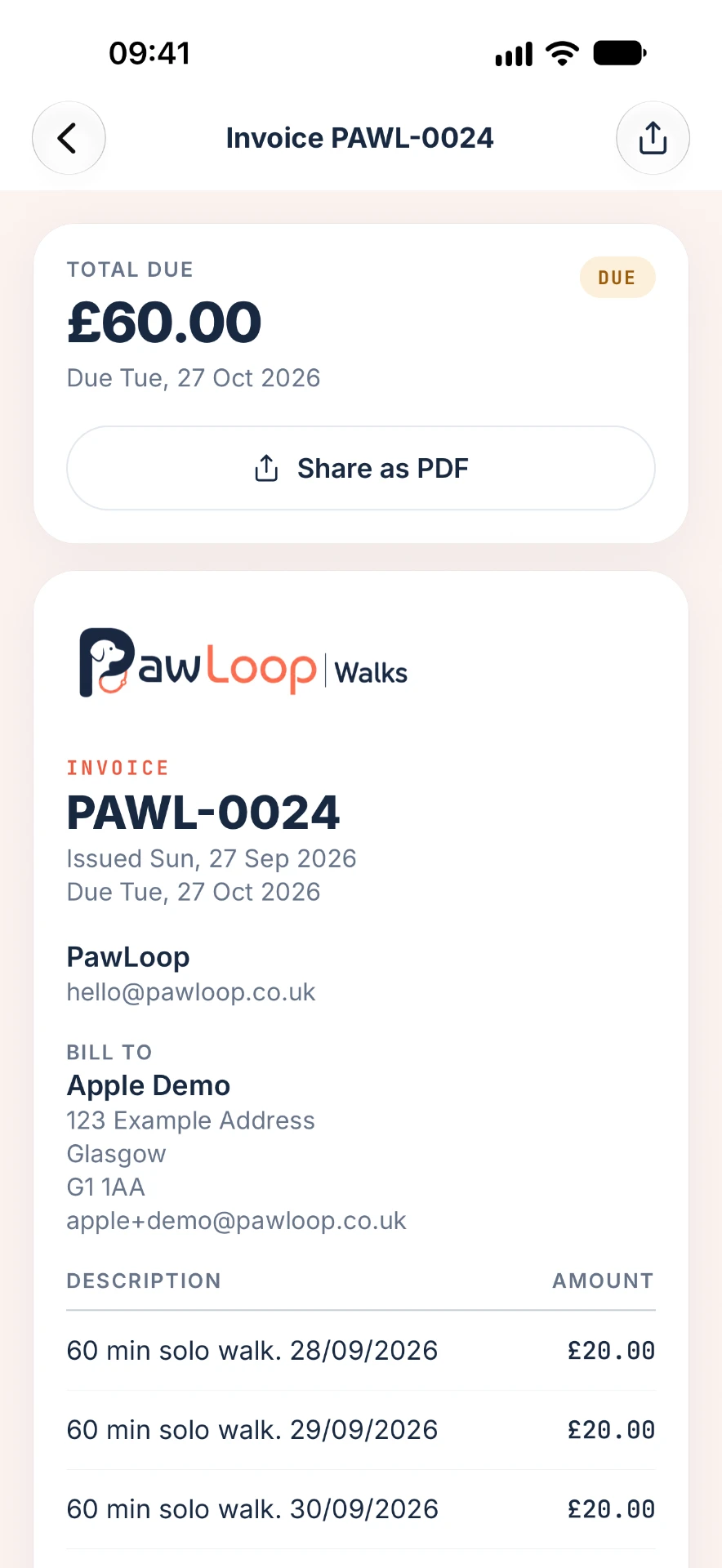 A PawLoop Clients invoice showing the total due, the walks it covers and a share as PDF action.