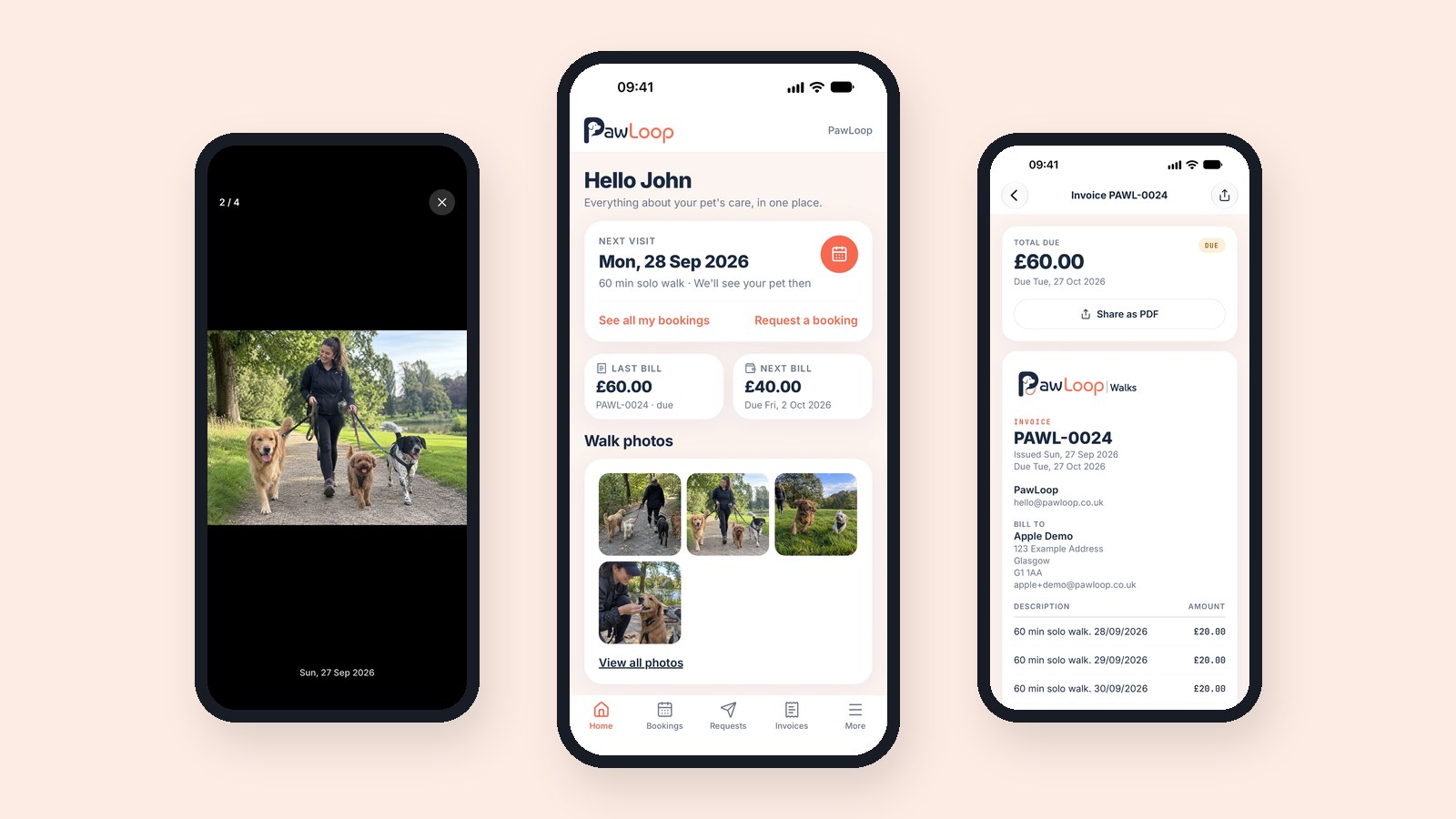 Photos, home and invoice screens of the PawLoop Clients app