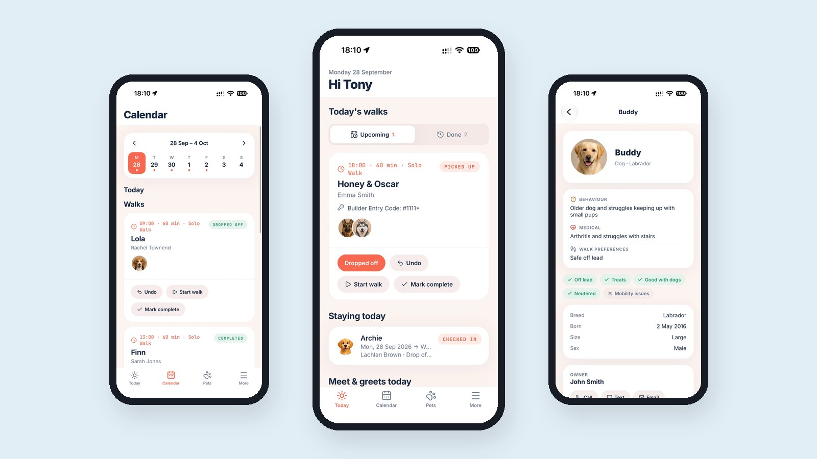 Screens from the PawLoop Walkers app